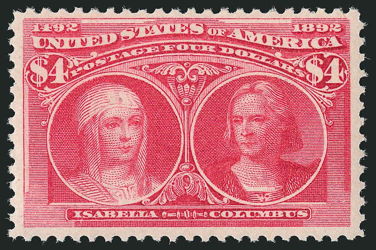 $4.00 Columbian (244).> Mint N.H., radiant color on bright paper, choice centering, long and full perforations<><>^VERY FINE AND CHOICE. A BEAUTIFUL MINT NEVER-HINGED EXAMPLE OF THE $4.00 COLUMBIAN.^<><>With
2005 P.S.E. certificate (VF-XF 85 SMQ