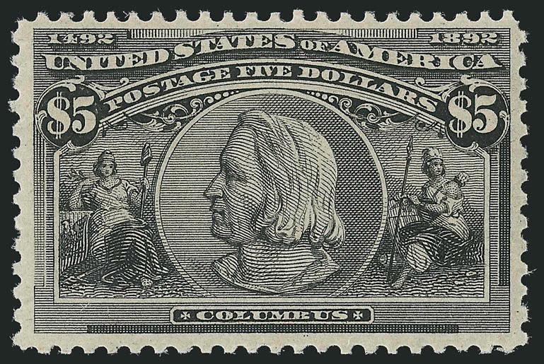 $5.00 Columbian (245).> Mint N.H., intense shade and impression, wide margins for this issue<><>^VERY FINE AND CHOICE MINT NEVER-HINGED EXAMPLE OF THE $5.00 COLUMBIAN ISSUE.^<><>With 2004 and 2005 P.S.E.
certificates (VF 80 SMQ $10,500.00)