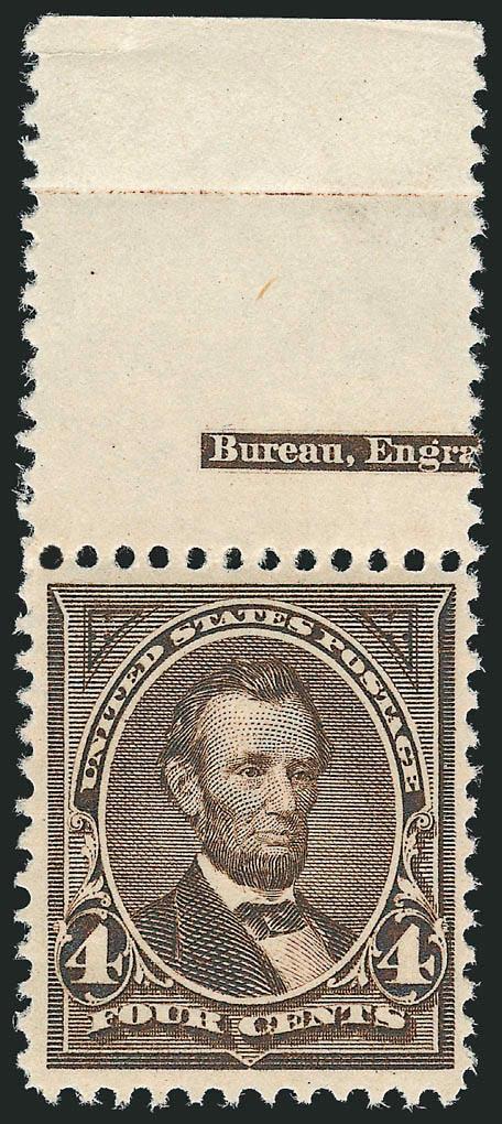 4c Dark Brown (254).> Mint N.H. with <part imprint and extra wide selvage at top,> deep rich color and proof-like impression, Very Fine and choice, with 2000 P.F. certificate