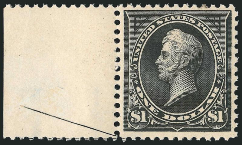 $1.00 Black, Ty. I (276).> Original gum, small disturbance spot at top, with <part arrow selvage at left,> intense shade and impression, Very Fine and choice, with 1989 and 2003 P.F. certificates as Mint
N.H.