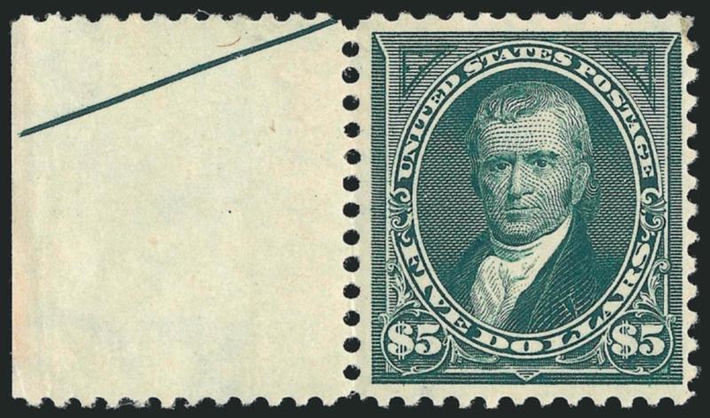 $5.00 Dark Green (278).> Original gum, barest trace of mount disturbance at top right corner (accompanying certificate states Mint N.H.), <wide selvage with part arrow at left><><>^VERY FINE AND CHOICE
ORIGINAL-GUM EXAMPLE OF THE $5.00 1895 WATERMA