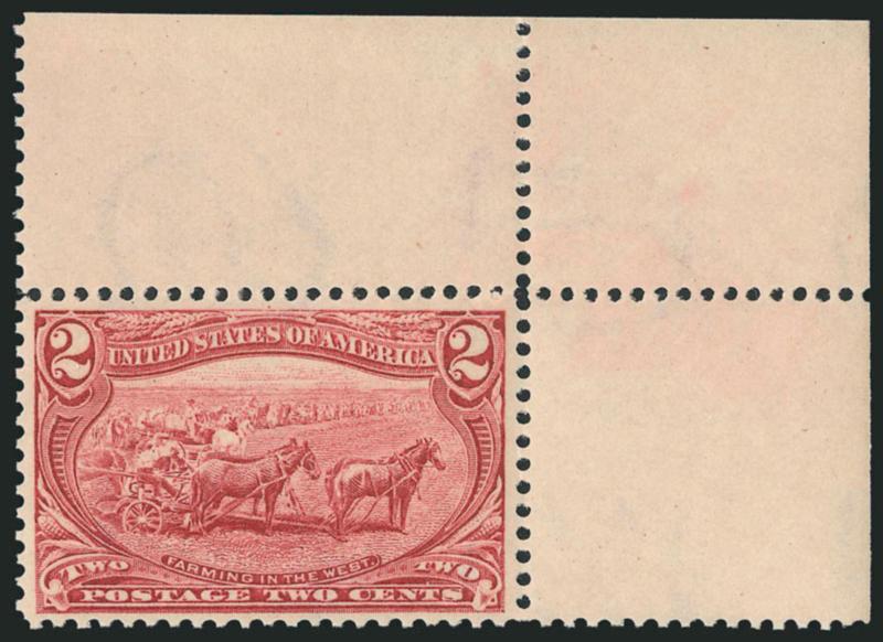 2c Trans-Mississippi (286).> Mint N.H. wit <top right corner selvage,> brilliant color, unusually choice centering, tiny natural gum skip not mentioned on accompanying certificate, Extremely Fine Gem, a stunning
stamp, with 2005 P.F. certificate
