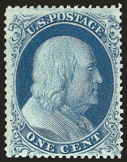1c Blue, Ty. III (21).> Plate 4, original gum, lightly hinged, brilliant color on crisp paper, choice centering for this difficult issue and showing clear breaks in outer lines at both top and bottom (the
characteristic of the type)<><>^EXTREMELY F