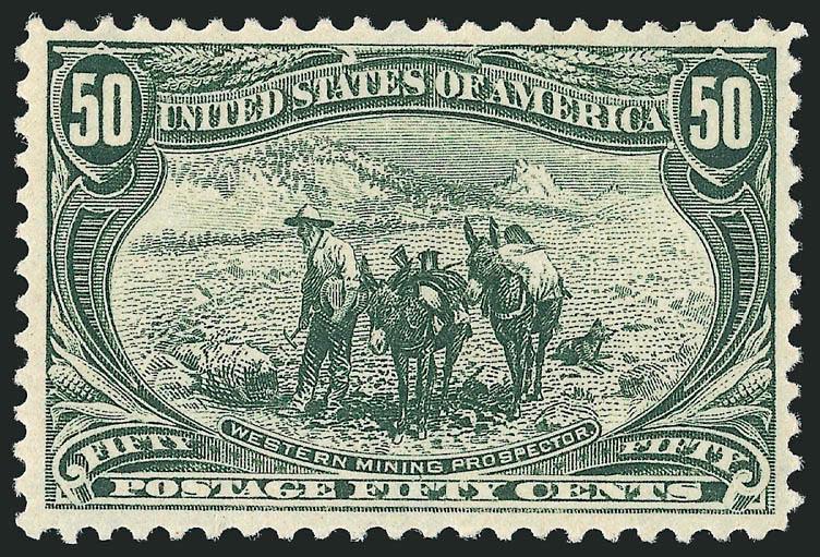 50c Trans-Mississippi (291).> Mint N.H., intense color on crisp paper, long and full perforations all around<><>^VERY FINE AND CHOICE MINT NEVER-HINGED EXAMPLE OF THE 50-CENT TRANS-MISSISSIPPI ISSUE.^<><>With
2000 P.F. certificate