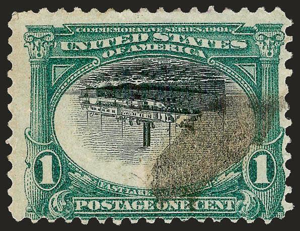 1c Pan-American, Center Inverted (294a).> Deep rich colors, centered to bottom right, bold cork cancel leaves invert clearly visible<><>^FINE APPEARING USED EXAMPLE OF THE ONE-CENT PAN-AMERICAN INVERT.^<><>The
1c Pan-American Inverts were found i