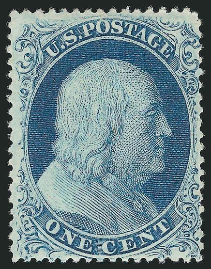 1c Blue, Ty. IIIa (22).> Plate 4, original gum, lightly hinged, fresh and bright color, showing clear break at top and complete outer line at bottom (the defining characteristic of the type)<><>^VERY FINE AND
CHOICE ORIGINAL-GUM EXAMPLE OF THE PERF