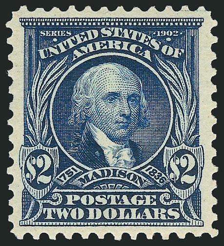 $2.00 Dark Blue (312).> Mint N.H., deep rich color on bright paper, beautifully centered with wide and balanced margins all around<><>^EXTREMELY FINE GEM. A SPECTACULAR MINT NEVER-HINGED EXAMPLE OF THE $2.00
1902 ISSUE IN THE FINEST CONDITION ATTAI