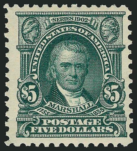 $5.00 Dark Green (313).> Mint N.H., rich color and sharp impression, wide margins<><>^VERY FINE AND CHOICE. A RARE MINT NEVER-HINGED EXAMPLE OF THE $5.00 1902 ISSUE.^<><>The 1902-03 Regular Issue was a great
improvement over the Bureaus first ef