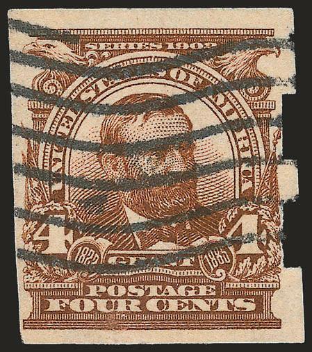4c Brown, Schermack Ty. III (314A).> Large margins to clear with full Schermack perforations at right, deep rich color, neat strike of wavy-line machine cancel, light creases, small tear, tiny thin
spots<><>^FINE APPEARANCE. A RARE EXAMPLE OF THE 4