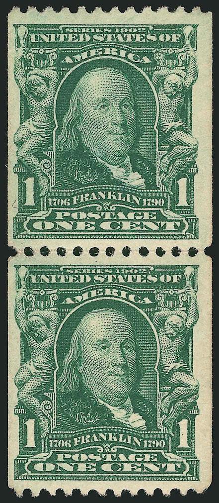 1c Blue Green, Coil (316).> Pair, full original gum, lightly hinged, rich color, well-centered for this difficult issue<><>^VERY FINE AND EXCEEDINGLY RARE. OUR CENSUS RECORDS ONLY TWELVE UNUSED PAIRS AND ONE
UNUSED SINGLE. ONE OF THE FINEST PAIRS O