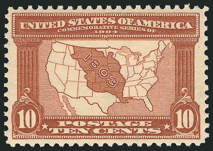 10c Louisiana Purchase (327).> Mint N.H., radiant color, perfectly centered with wide and balanced margins<><>^EXTREMELY FINE GEM. A SUPERB MINT NEVER-HINGED EXAMPLE OF THE 10-CENT LOUISIANA PURCHASE
ISSUE.^<><>With 2007 P.F. certificate (XF-Supe