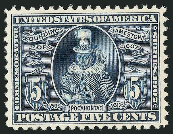 5c Jamestown (330).> Mint N.H., rich color on bright paper, perfectly centered with wide margins for this issue, Extremely Fine Gem, a superb stamp, with 2003 P.F. certificate