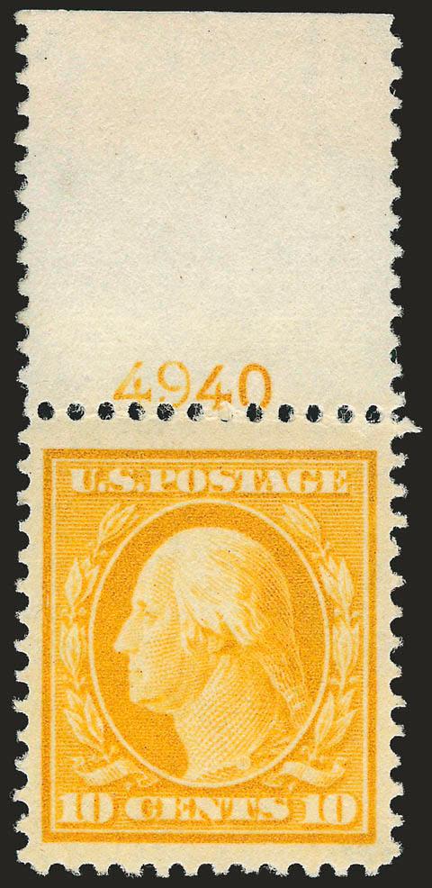 10c Yellow (338).> Mint N.H. with <plate no. 4940> at top, vibrant color, perfectly centered with enormous margins, -12mm short gumming at top, Extremely Fine, a magnificent stamp in every respect, with 1998 and
2008 P.S.E. certificates (VF 80 Jumbo