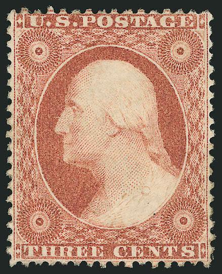3c Rose, Ty. I (25).> Original gum, rich color, detailed impression showing the beautifully detailed lathework, well-balanced margins for this difficult issue<><>^VERY FINE AND CHOICE. A BEAUTIFUL ORIGINAL-GUM
EXAMPLE OF THE 3-CENT TYPE I 1857 ISSU