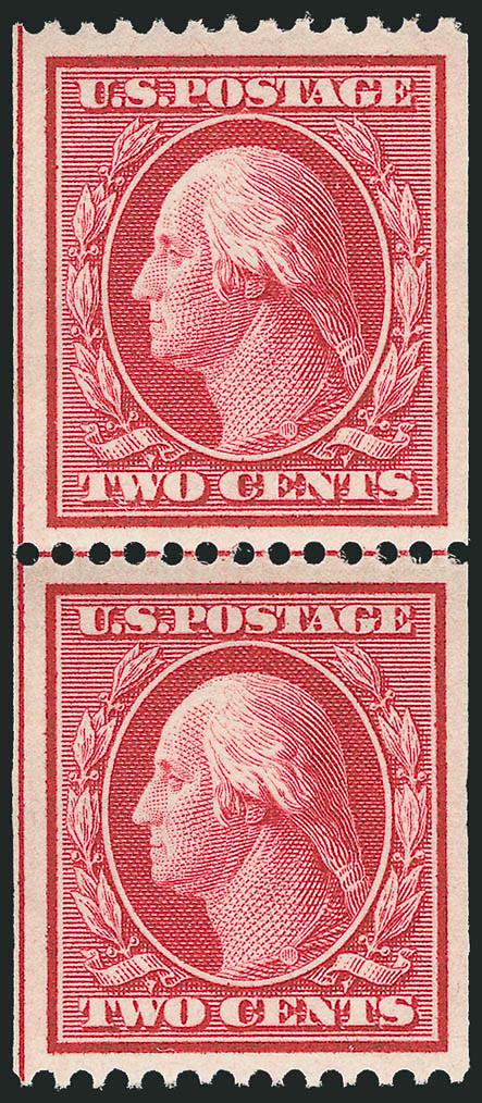 2c Carmine, Coil (349).> Mint N.H. guide line pair with full guide line at left, near perfect centering with wide and well-balanced margins on all sides, bright color and detailed impression on radiant
paper<><>^EXTREMELY FINE GEM. THIS IS EASILY O