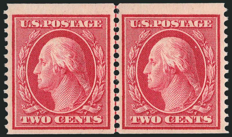 2c Carmine, Coil (353).> Mint N.H. guide line pair, beautiful strong color and nicely centered, Very Fine, scarce in this post-office fresh condition, with 1990 and 2006 P.F. certificates