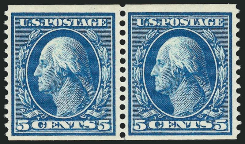 5c Blue, Coil (355).> Mint N.H. pair, deep rich color and proof-like impression, wide margins<><>^VERY FINE AND CHOICE MINT NEVER-HINGED PAIR OF THE 1909 5-CENT HORIZONTAL COIL, SCOTT 355.^<><>Only four Mint
N.H. pairs have been graded to date. W