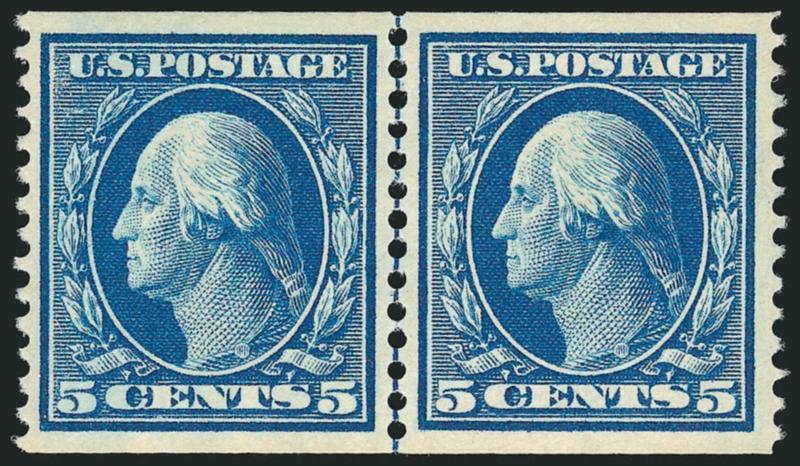 5c Blue, Coil (355).> Mint N.H. guide line pair, brilliant color and detailed impression, remarkably choice centering with balanced margins<><>^EXTREMELY FINE. A GORGEOUS MINT NEVER-HINGED GUIDE LINE PAIR OF THE
5-CENT HORIZONTAL COIL, SCOTT 355.^<