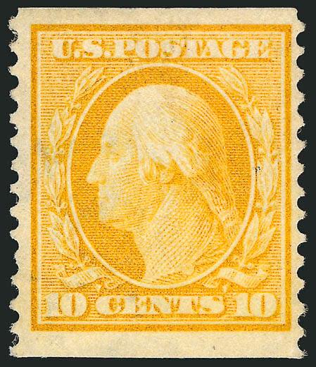 10c Yellow, Coil (356).> Lightly hinged, dazzling color as fresh as the day it was printed, wide margins for this difficult issue<><>^VERY FINE ORIGINAL-GUM EXAMPLE OF THE 1909 10-CENT HORIZONTAL COIL, SCOTT
356. SCARCE IN SUCH PRISTINE CONDITION.^