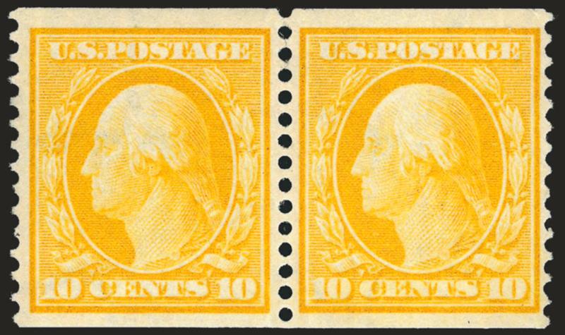 10c Yellow, Coil (356).> Pair, first certificate states Mint N.H., second states previously hinged at top center but which looks more like the typical natural gum bends found on this issue, unusually choice
centering with wide and balanced margins, v