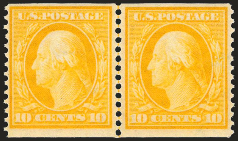 10c Yellow, Coil (356).> Mint N.H. guide line pair,  unusually wide margins, vibrant color<><>^VERY FINE AND CHOICE. AN EXCEEDINGLY RARE MINT NEVER-HINGED GUIDE LINE PAIR OF THE 10-CENT HORIZONTAL COIL, SCOTT
356. THIS IS ONLY THE THIRD MINT NEVER-