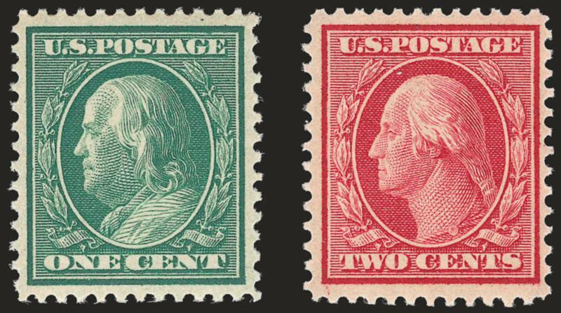 1c Green, 2c Carmine, Bluish (357-358).> 1c barely hinged, 2c Mint N.H., intense colors on deeply blued paper, wide margins, Very Fine-Extremely Fine, 1c with copy of 199 P.F. certificate for block, 2c with 2000
P.S.E. certificate
