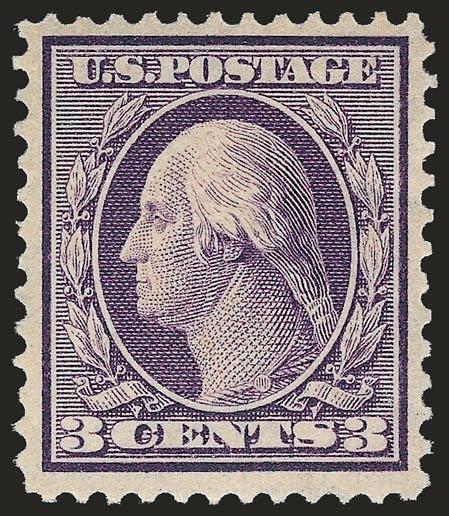 3c Deep Violet, Bluish (359).> Mint N.H., deep rich color on nicely blued paper, wide margins for this difficult issue<><>^VERY FINE AND CHOICE. A BEAUTIFUL MINT NEVER-HINGED EXAMPLE OF THE 3-CENT ON BLUISH
PAPER.^<><>As an indication of rarity,