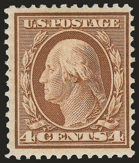 4c Orange Brown, Bluish (360).> Lightly hinged with small h.r., deep rich color on deeply blued paper, nice margins for this difficult issue<><>^VERY FINE. A BEAUTIFUL FRESH EXAMPLE OF THE 4-CENT WASHINGTON ON
BLUISH PAPER.^<><>A review of our Le