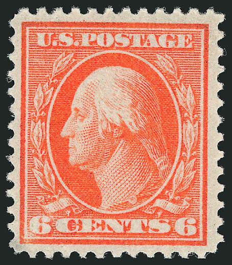 6c Red Orange, Bluish (362).> Mint N.H., radiant color as fresh as the day it was printed, wide margins, deeply blued paper<><>^VERY FINE AND CHOICE. A BEAUTIFUL MINT NEVER-HINGED EXAMPLE OF THE 6-CENT ON BLUISH
PAPER. SCARCE IN SUCH PRISTINE CONDI