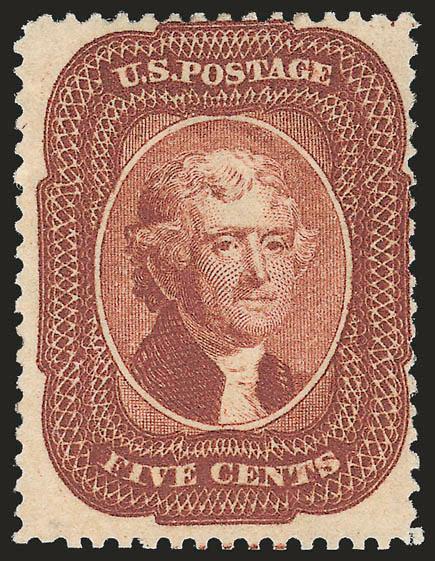 5c Indian Red (28A).> Full original gum, beautiful color in the true Indian Red shade, detailed impression clearly showing the lathework background, light horizontal crease is not readily apparent<><>^FINE
APPEARANCE. A RARE ORIGINAL-GUM EXAMPLE OF