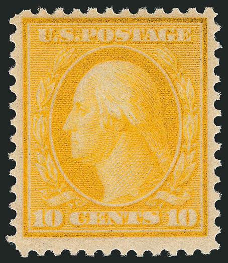 10c Yellow, Bluish (364).> Mint N.H., intense color on deeply blued paper<><>^VERY FINE. THE 10-CENT ON BLUISH IS ONE OF THE MOST DIFFICULT VALUES TO OBTAIN IN MINT NEVER-HINGED CONDITION. A GREAT CONDITION
RARITY.^<><>A review of our computerize