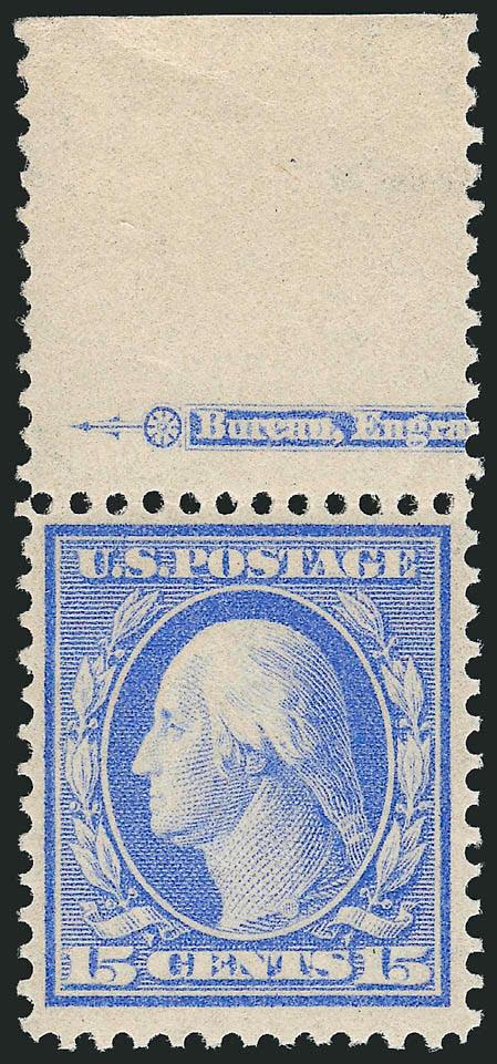 15c Pale Ultramarine, Bluish (366).> Mint N.H. with <part imprint and wide selvage at top,> radiant color on nicely blued paper, wide margins<><>^VERY FINE AND CHOICE MINT NEVER-HINGED EXAMPLE OF THE 15-CENT ON
BLUISH. ESPECIALLY DESIRABLE WITH THE