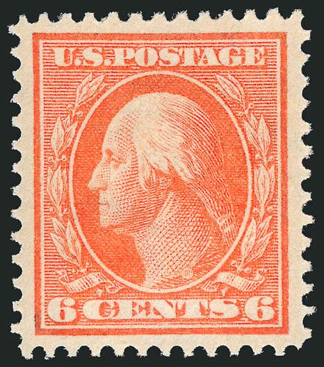 6c Red Orange (379).> Mint N.H., radiant color, almost perfectly centered with well-balanced margins<><>^EXTREMELY FINE GEM. A MAGNIFICENT MINT NEVER-HINGED EXAMPLE OF THE 1911 6-CENT SINGLE-LINE WATERMARK
WASHINGTON ISSUE, SCOTT 379, WHICH HAS BEE