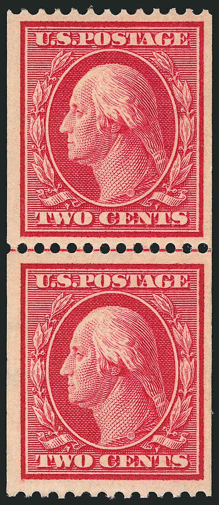2c Carmine, Coil (386).> Mint N.H. guide line pair, wide margins, beautiful bright color and sharp impression<><>^VERY FINE AND CHOICE. A SCARCE MINT NEVER-HINGED GUIDE LINE PAIR OF THE 2-CENT VERTICAL COIL,
SCOTT 386.^<><>According to Johl (Vol.