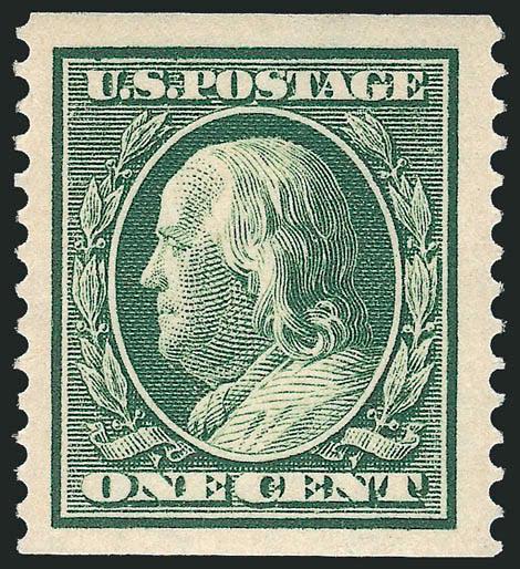 1c Green, Coil (387).> Mint N.H., brilliant color, crisp impression, Jumbo margins<><>^FRESH AND EXTREMELY FINE. A HUGE MINT NEVER-HINGED EXAMPLE OF THE ONE-CENT HORIZONTAL COIL SCOTT 387.^<><>Ex Scarsdale. With
1999 P.F. and 1999 and 2008 P.S.E.