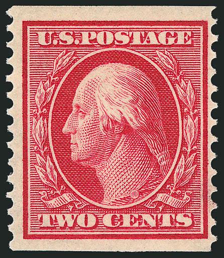 2c Carmine, Coil (388).> Mint N.H., bright color on fresh paper, three extra wide margins<><>^VERY FINE. A RARE MINT NEVER-HINGED EXAMPLE OF THE 2-CENT 1910 PERF 12 COIL.^<><>As an indication of rarity, we have
offered only five other singles, on