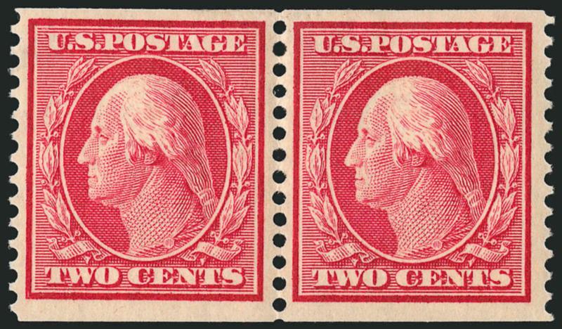 2c Carmine, Coil (388).> Pair with 2mm spacing, barest trace of hinging, brilliant color, well-balanced margins<><>^EXTREMELY FINE PAIR OF THE 2-CENT 1911 PERF 12 HORIZONTAL COIL, SCOTT 388.^<><>This is
considerably more difficult to find with su