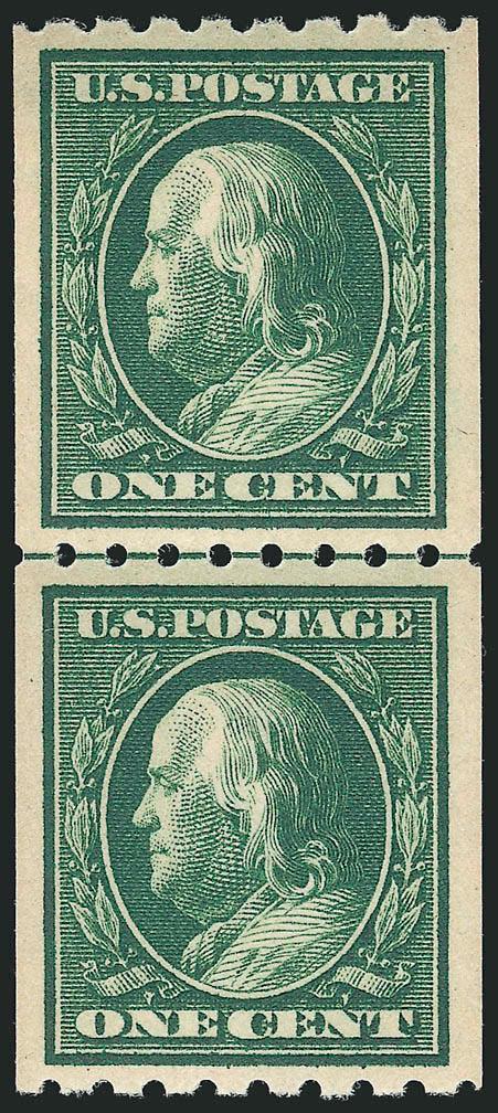 1c Green, Coil (390).> Mint N.H. guide line pair, deep rich color and proof-like impression, gorgeous centering, Extremely Fine, with 2005 P.S.E. certificate (XF 90 SMQ $170.00)