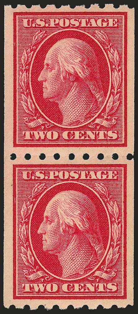 2c Carmine, Coil (391).> Mint N.H. pair, radiant color, beautiful centering with wide and balanced margins, Extremely Fine Gem, with 2001 P.F. and 2008 P.S.E. certificates (VF-XF 85 SMQ $370.00)