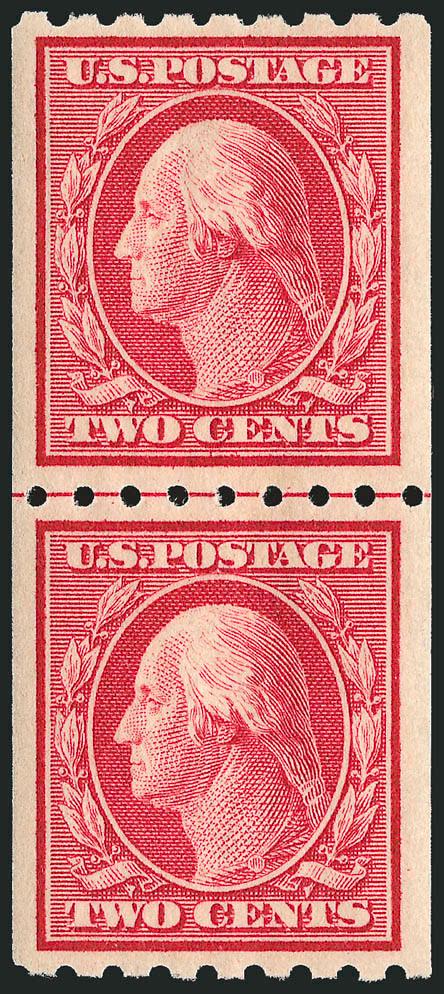 2c Carmine, Coil (391).> Mint N.H. guide line pair, almost perfect centering with Jumbo margins, brilliant color<><>^EXTREMELY FINE GEM. AN OUTSTANDING MINT NEVER-HINGED GUIDE LINE PAIR OF THE 2-CENT 1910
VERTICAL COIL, SCOTT 391.^<><>Ex Silver L