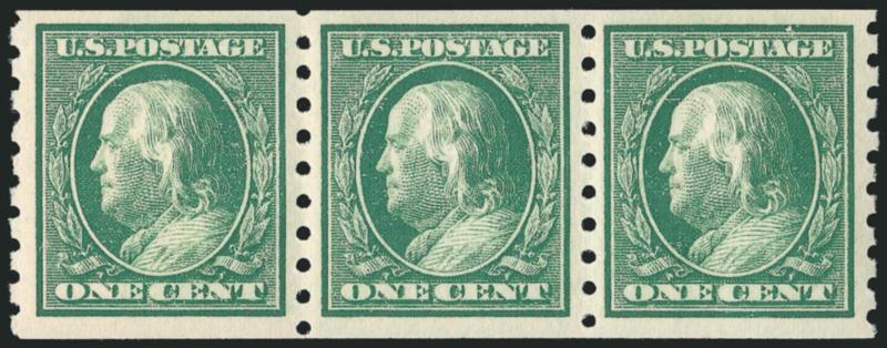 1c Green, Coil (392).> Mint N.H. strip of three, brilliant color, wide margins, fresh and Extremely Fine, with 1996 P.F. certificate for strip of four, Scott Retail as pair and single