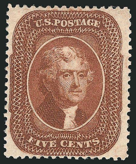5c Orange Brown, Ty. II (30).> Original gum, lightly hinged, beautifully centered and with deep rich color<><>^VERY FINE AND CHOICE. THE 5-CENT ORANGE BROWN 1861 SHADE IS SCARCE IN THIS PREMIUM ORIGINAL-GUM
CONDITION.^<><>With 1986 P.F. and 2003