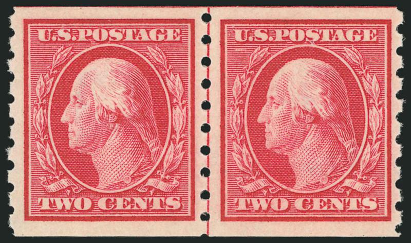 2c Carmine, Coil (393).> Mint N.H. guide line pair, perfectly centered with wide and well-proportioned margins, rich color and proof-like impression, Very Fine and choice, a beautiful Mint N.H. guide line pair
of extraordinary freshness, with 2004 P.