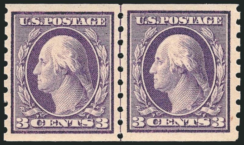 3c Deep Violet, Coil (394).> Mint N.H. guide line pair, brilliant color, crisp impression, wide and balanced margins, trivial natural inclusion at bottom right not mentioned on accompanying certificate,
Extremely Fine, with 2004 P.S.E. certificate