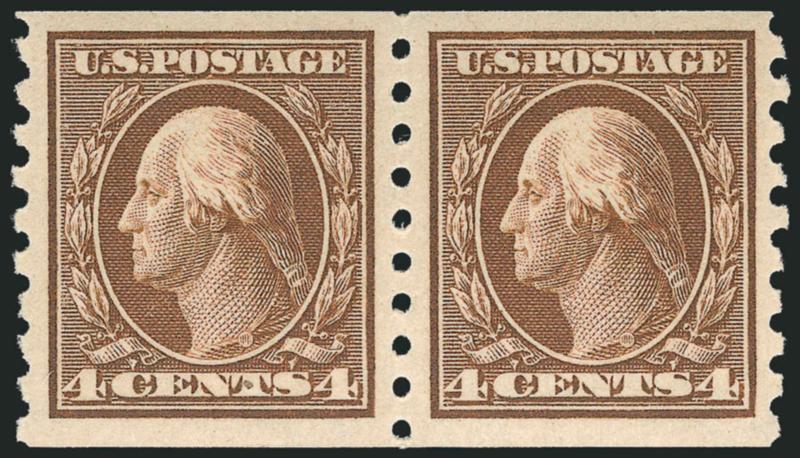 4c Brown, Coil (395).> Mint N.H. pair with 3mm spacing, radiant color, wide and balanced margins, fresh and Extremely Fine, with 1980 P.F. and 2007 P.S.E. certificates (XF 90 SMQ $720.00), only three have graded
higher (at 95) and only one other sha