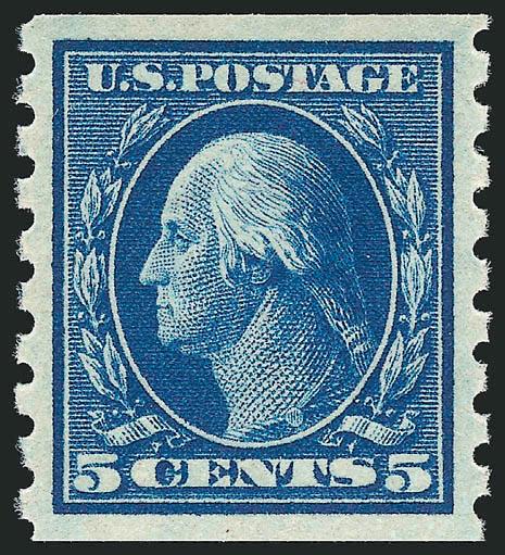5c Blue, Coil (396).> Mint N.H., deep rich color on bright paper, unusually choice centering, Extremely Fine Gem, a superb stamp in every respect, with 1995 P.F. and 2008 P.S.E. certificates (Superb 98 SMQ
$1,500.00), only one has graded higher to d