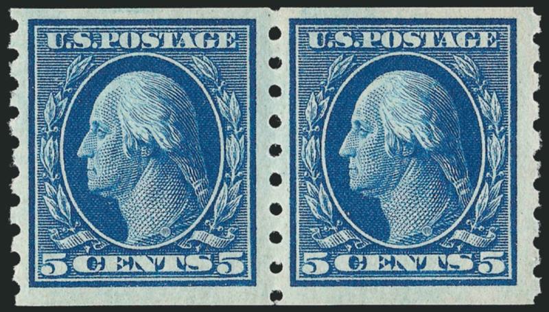 5c Blue, Coil (396).> Mint N.H. pair, rich color, fresh and Very Fine, with 195 P.F. certificate for strip of four