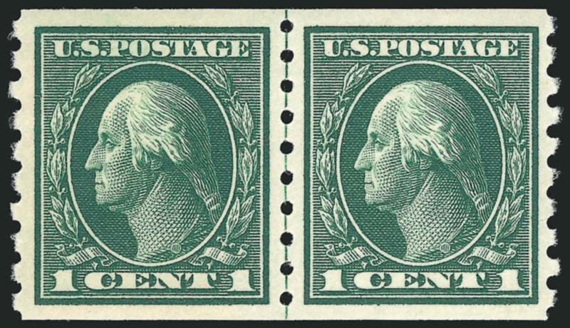 1c Green, Coil (412).> Mint N.H. guide line pair, intense shade and impression on bright paper, perfectly centered, left stamp tiny natural gum skips not mentioned on accompanying certificate, Extremely Fine
Gem, a superb guide line pair in every res