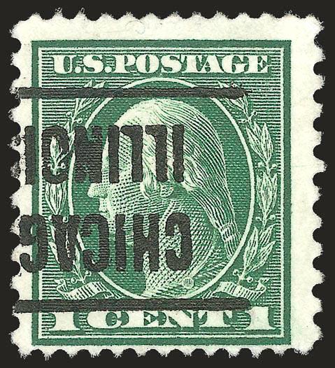 1c Green, Perf 12 x 10 (423A formerly 424a).> Deep rich color, bold Chicago Illinois precancel (inverted), choice centering and wide margins<><>^VERY FINE. AN ATTRACTIVE SOUND EXAMPLE OF THE ONE-CENT 1914
PERFORATED 12 x 10 ISSUE.^<><>Our up-t
