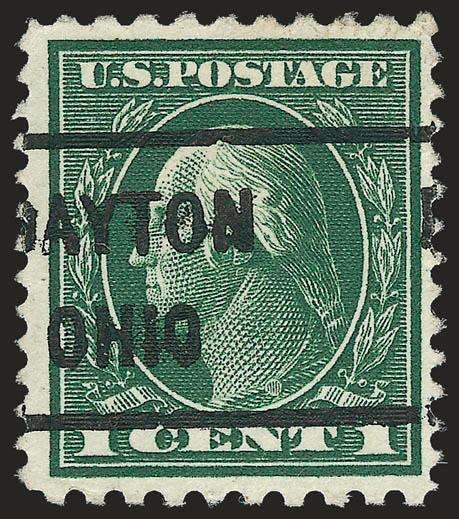 1c Green, Perf 10 x 12 (423D formerly 424b).> Deep rich color, bold Dayton Ohio precancel<><>^VERY FINE AND CHOICE. ONE OF ONLY THIRTEEN SOUND AND CENTERED EXAMPLES OF THE 1914 ONE-CENT PERF 10 x 12
ISSUE.^<><>Our census of Scott 423D publishe